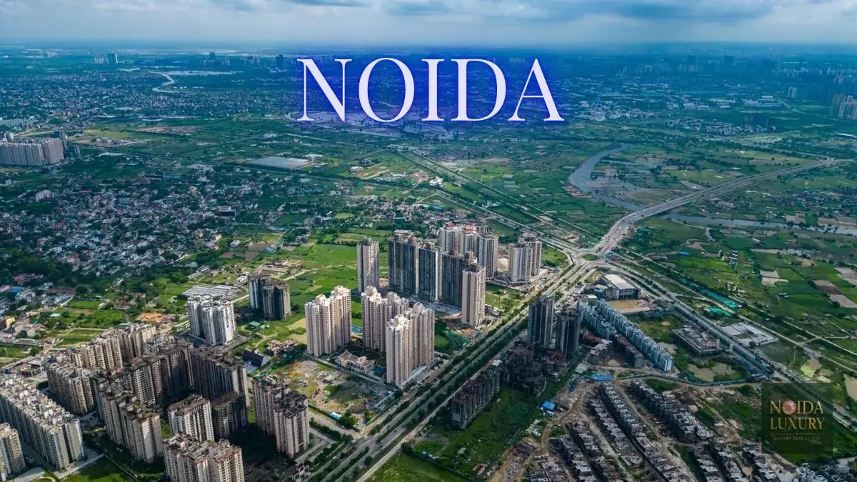 Aerial view of Noida city showcasing modern residential and commercial developments along the Noida Expressway